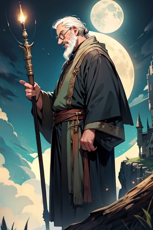 a tall wizard, old man a little overweight, with half-moon glasses, who uses a staff