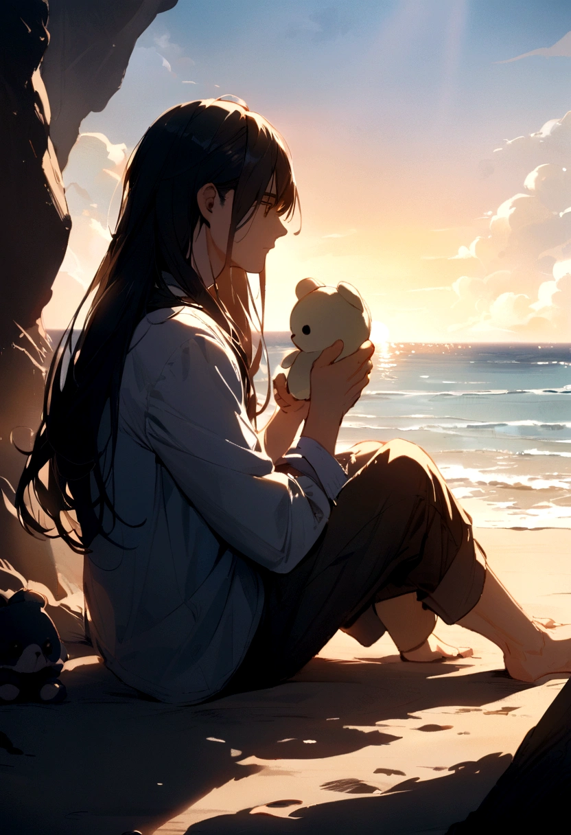 Thoughtful long haired man with a stuffed animal in his hands , sitting looking at the beach