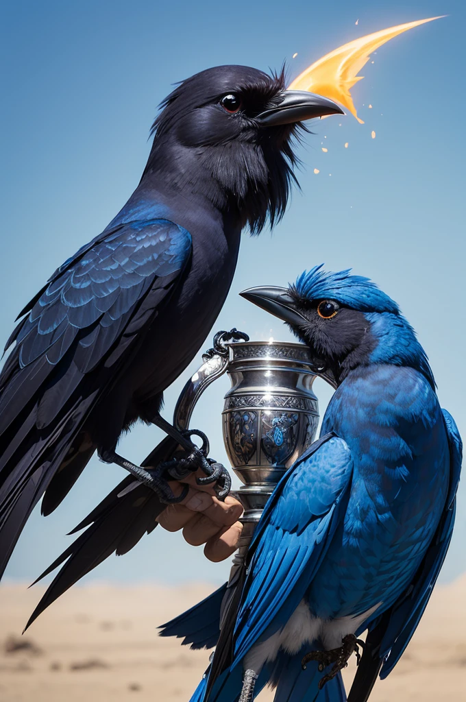 Create a cartoon blue spotted crow holding a furebok tournament trophy