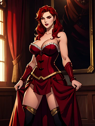 girl, With big breasts, with red corset, Red hair, Red eyes