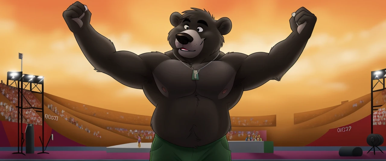 ((masterpiece, best quality)),solo, 1bear, solo, baloo, huge muscular, green short pants, shoes, shirtless, dog tag necklace, black eyes, furry, bear, no humans, olympics, podium set, weightlifting event, winner