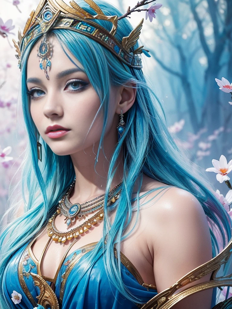 (best quality),(masterpiece:1.2), (colorful:0.9), (ink splashing),(color splashing),((watercolor)), clear sharp focus, full body model shot,, (goddess of spring:1.5), cute expression,elegant blue colored hair, beautyfull detailed face and eyes, elegant goddess clothing, spring forest background,, colorwater