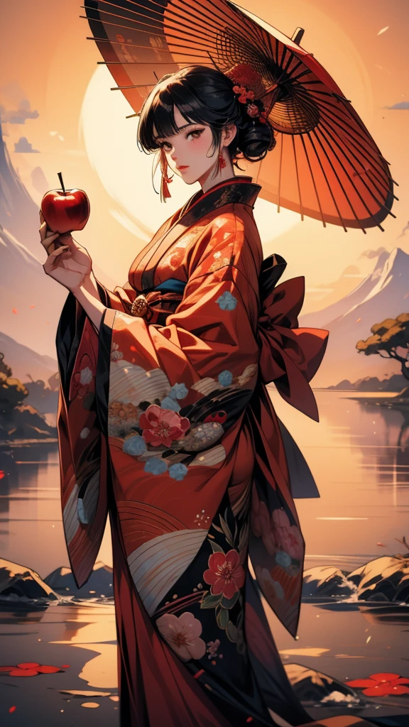 anime girl In kimono outfit holding an umbrella and a red apple, Half Yamada, In kimono, In kimono, inspired by Okumura Masanobu, Japanese art style, Inspired by Sukenori Nishikawa, Anime Style 4k, Detailed anime artwork, From the Sengoku period, Detailed anime art, By Ren, Wearing Imperial Kimono
