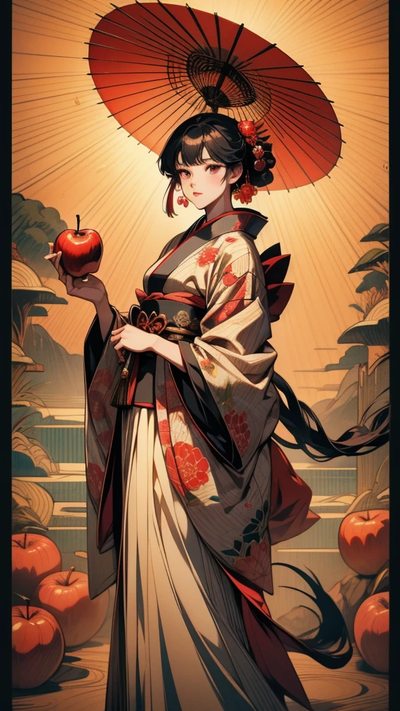 anime girl In kimono outfit holding an umbrella and a red apple, Half Yamada, In kimono, In kimono, inspired by Okumura Masanobu, Japanese art style, Inspired by Sukenori Nishikawa, Anime Style 4k, Detailed anime artwork, From the Sengoku period, Detailed anime art, By Ren, Wearing Imperial Kimono