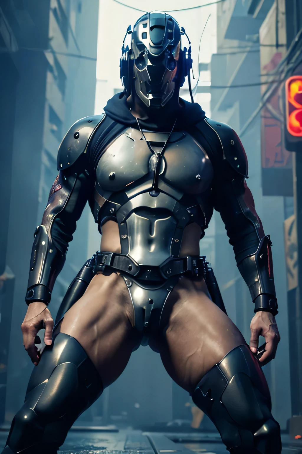 male, (muscular, full nude, only Glowing cyberpunk future helmet, only harness, Chastity belt, covered semen,) realistic, human skinned, spread legs, big huge bulge,