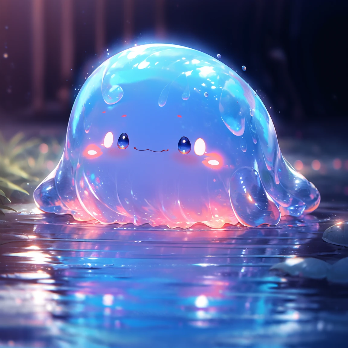 Sparkling blue and red slime, Cute face,Vibrant, translucent texture, Mucus stretching and squeezing, detailed, Mesmerizing patterns and swirls, Shining and reflecting light, Comfortable to touch and play with, High-resolution masterpiece, Bright colors, Soft studio lighting.