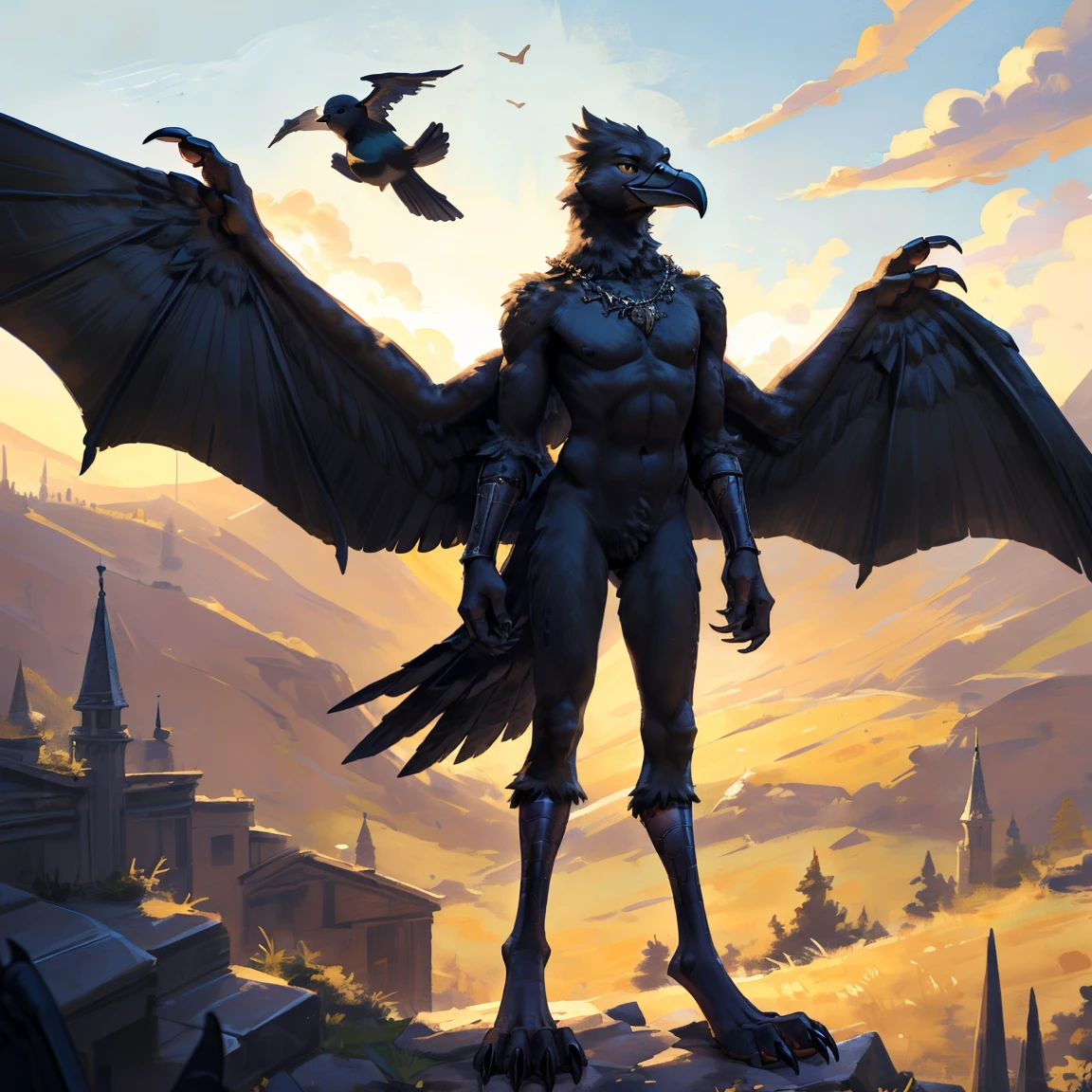 ((middle Ages:1.3)),【High flying background:1.6】,(Royal Family:1.2),sunny,high resolution,4K,【whole body:1.1,Strike a pose:1.5】,masterpiece,high quality,((Griffin)),female,Furry,(ager:1.3),hairy,((Fierce and vicious:1.4)),(((Lean:1.2,Big Wings:1.3,Bird paws:1.3))),(((Black upper body:1.4))),(((Black Wings:1.3))),(((pupil:1.2))),(((black bird claws:1.3))),(((Long legs:1.3))),Exquisite eyes,Detailed body,Detailed claws,Detailed feet,Kenket's Art, heavy set, wide body