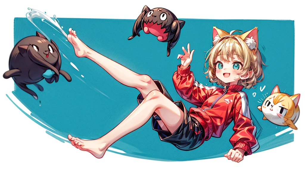 short hair、Cat ear、Flying Castle, Full of air,One girl、Big smile、Blonde Hair、short hair、Side hair is curled inward、Curly hair along the jawline、紺色のTracksuits_White line from shoulder to wrist、Black shorts、barefoot、Tracksuits、Turquoise Eyes