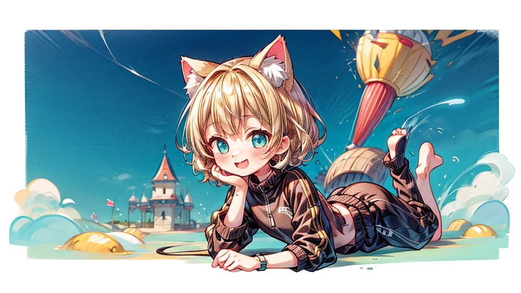 short hair、Cat ear、Flying Castle, Full of air,One girl、Big smile、Blonde Hair、short hair、Side hair is curled inward、Curly hair along the jawline、紺色のTracksuits_White line from shoulder to wrist、Black shorts、barefoot、Tracksuits、Turquoise Eyes