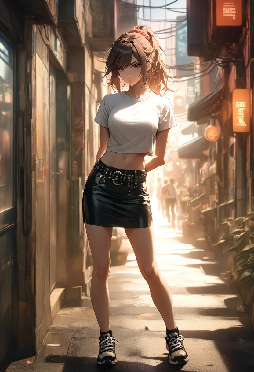 1girl, solo, long hair, breasts, full body, looking at viewer, bangs, skirt, brown hair, shirt, hair ornament, navel, brown eyes, large breasts, standing, full body, white shirt, ponytail, short sleeves, thighs, :), midriff, punk belt, miniskirt, black skirt, stomach, lips, crop top, arms behind back, scrunchie, hair scrunchie, pencil skirt, against wall, cropped shirt, bare legs, sneakers
