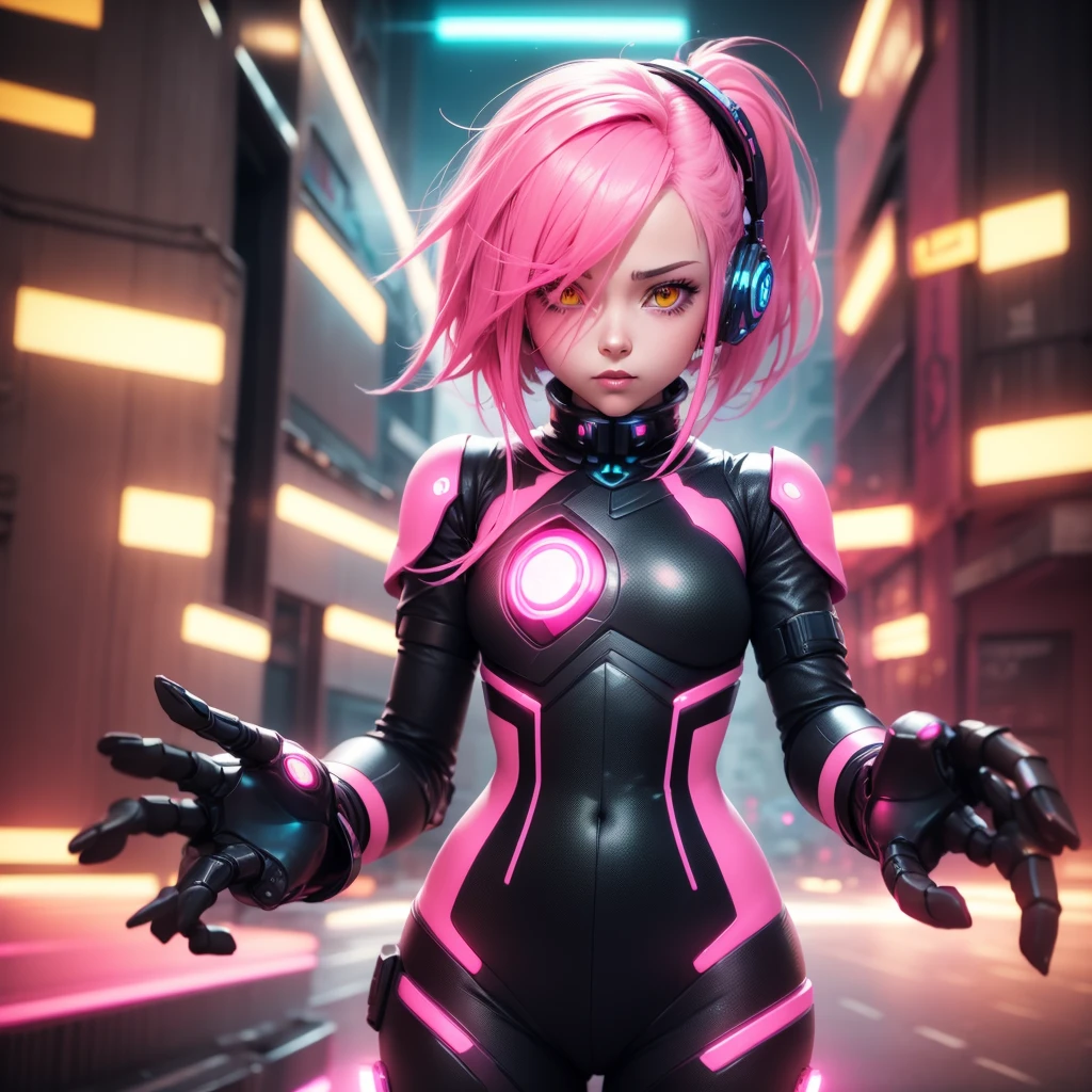 Robot Girl Android with pink hair in a pink suit with small yellow elements half cyborg modification Sad Beautiful sexy with bright yellow eyes stands half-turned sideways Anime Style black background Cyberpunk style, Sexy thighs, black background image of night black city and pink neon lights