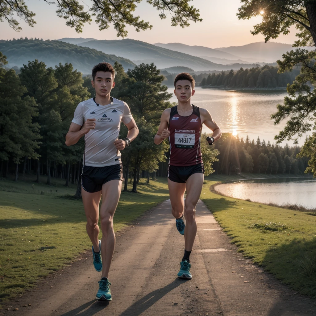 A marathon athlete running in a park with forest and a beautiful lake and sunset 