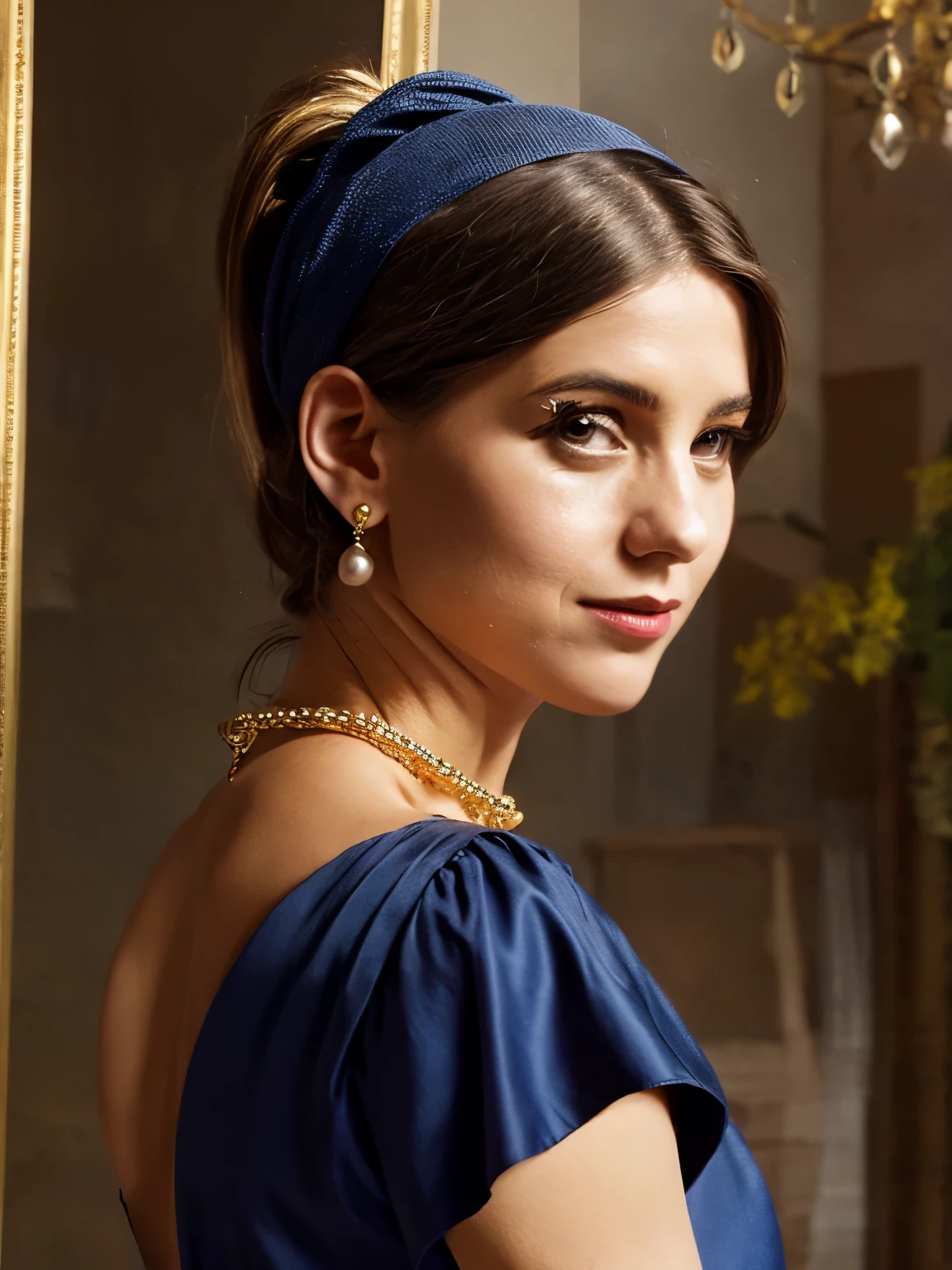 1woman LaGermania posing in identical clothes as the Girl with a Pearl Earring in front of the Girl with a Pearl Earring. LaGermania wears a dark blue turban intricately wrapped around her head, with a golden yellow scarf cascading over her shoulder, made of rich silk with fine, shimmering threads. Her outfit includes a modest, dark brown dress with a delicate white collar and cuffs, crafted from soft, high-quality fabric. The pearl earring, a single large, lustrous gem, dangles from her ear, reflecting the soft light. The background features the Girl with a Pearl Earring painting, framed elegantly in a simple, dark wood frame, enhancing the timeless, classic beauty of the scene. LaGermania’s pose is turned slightly over her shoulder, with her gaze directed towards the viewer, capturing the enigmatic allure and subtle grace of the original portrait.
