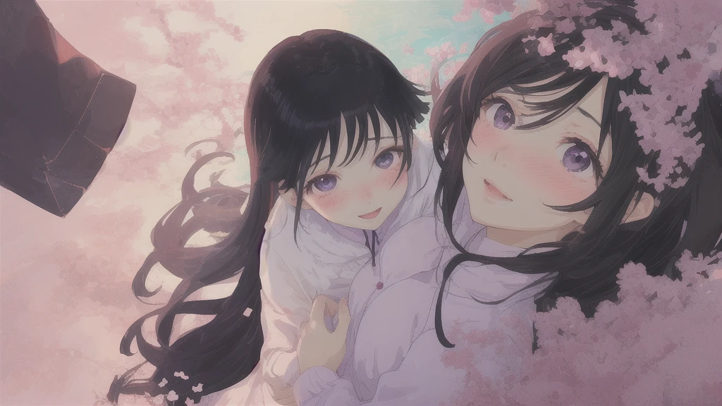 woman、One person、Anime Style、blush、Mouth open、valley、Looking up、Dark purple eyes、Black Hair、smile