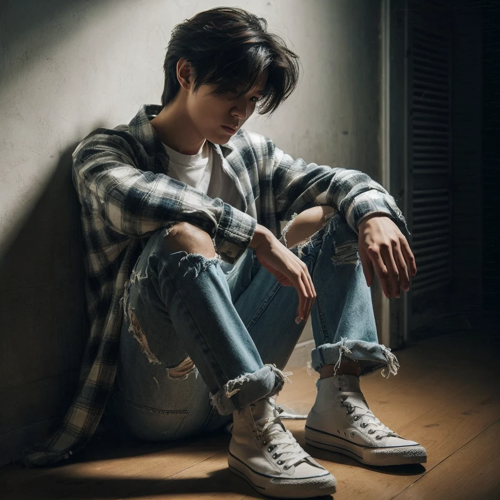 long shoot portrait, a 27-year-old Korean short mullet-haired man, wearing white shirts with flannel shirts torn blue jeans, ideal body, ideal height, sitting crouching on the floor leaning against a wall in a dark hallway with one light light, dim light, face down, realistic photo, ultra realistic, ultra-resolution, ultra-quality, ultra-resolution, ultra-resolution, very detail, 16k