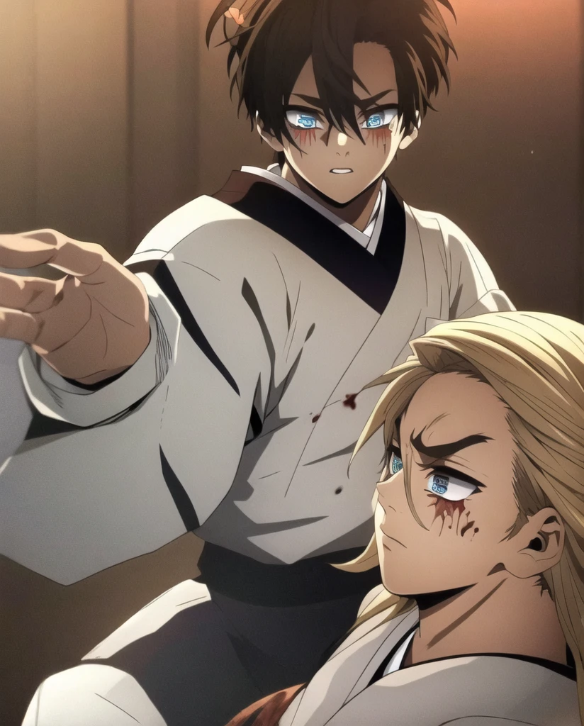 moon_demon,Min_Jaehyun,1boy,blond long hair,blue eyes,mismatched pupils,japanese clothes,blood power