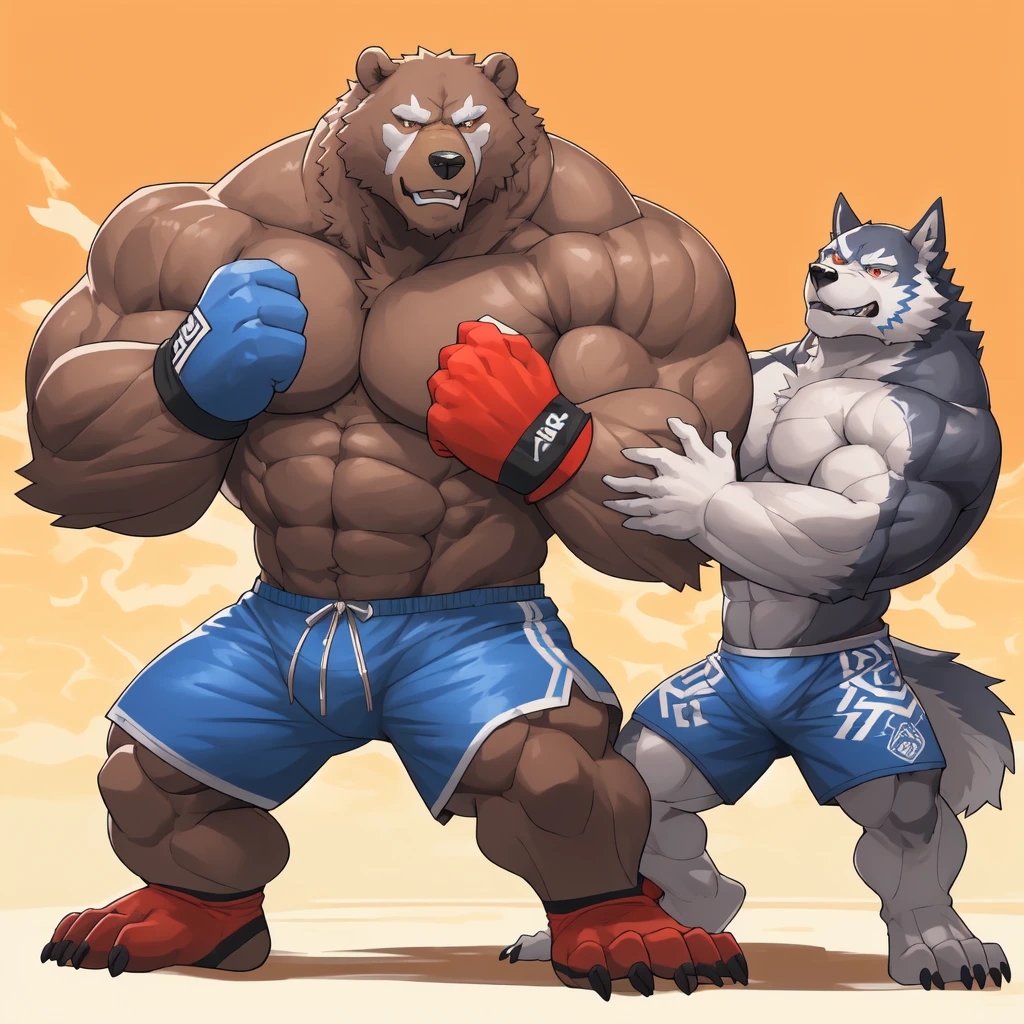 Huge muscular thick Grizzly Bear bodybuilder shirtless in blue MMA shorts, blue MMA gloves and blue foot wear, muscular Husky Dog bodybuilder shirtless in red MMA shorts, red MMA gloves and red foot wear, at the MMA tournament. MMA Grizzly bear vs MMA Huku challenger. Fighting match
