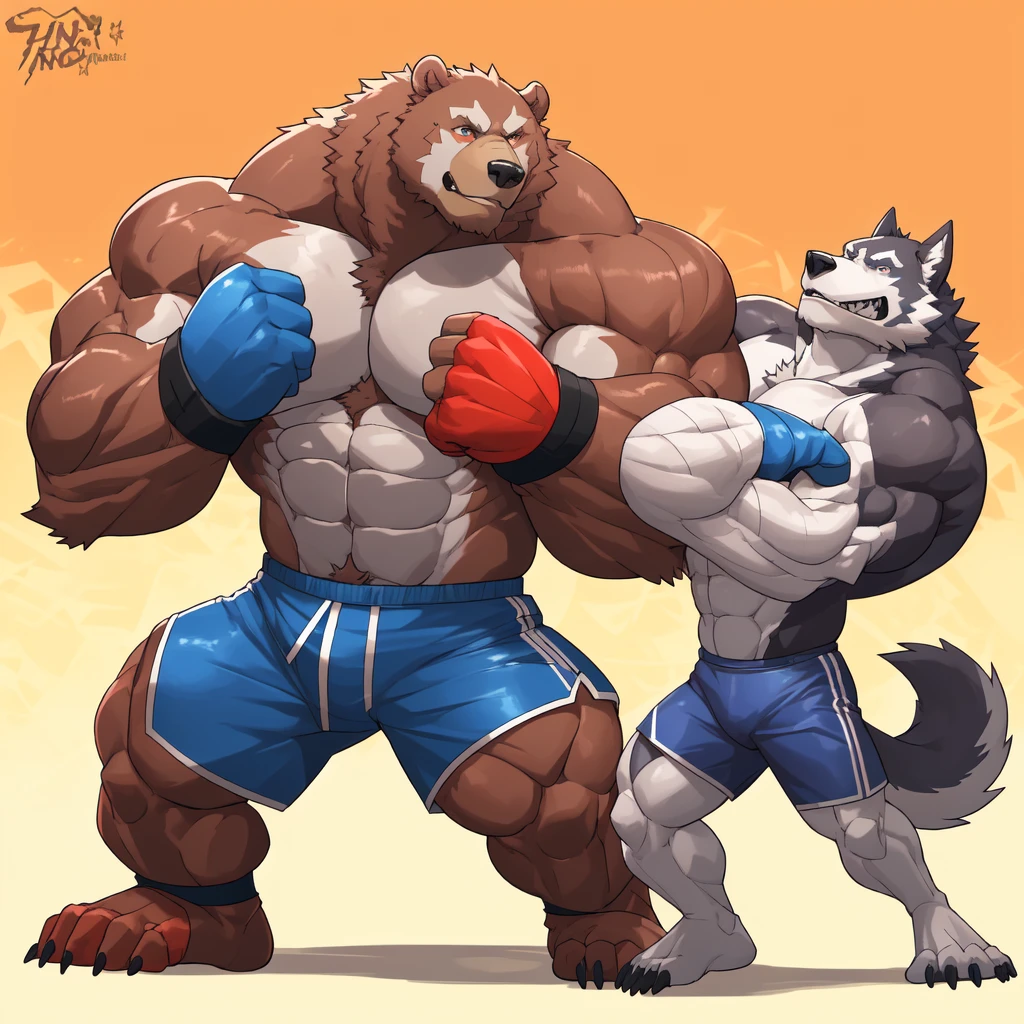 Huge muscular thick Grizzly Bear bodybuilder shirtless in blue MMA shorts, blue MMA gloves and blue foot wear, muscular Husky Dog bodybuilder shirtless in red MMA shorts, red MMA gloves and red foot wear, at the MMA tournament. MMA Grizzly bear vs MMA Huku challenger. Fighting match
