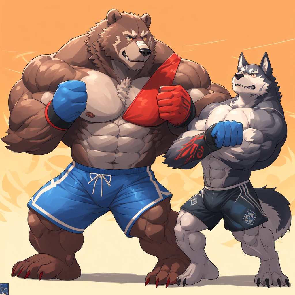 Huge muscular thick Grizzly Bear bodybuilder shirtless in blue MMA shorts, blue MMA gloves and blue foot wear, muscular Husky Dog bodybuilder shirtless in red MMA shorts, red MMA gloves and red foot wear, at the MMA tournament. MMA Grizzly bear vs MMA Huku challenger. Fighting match
