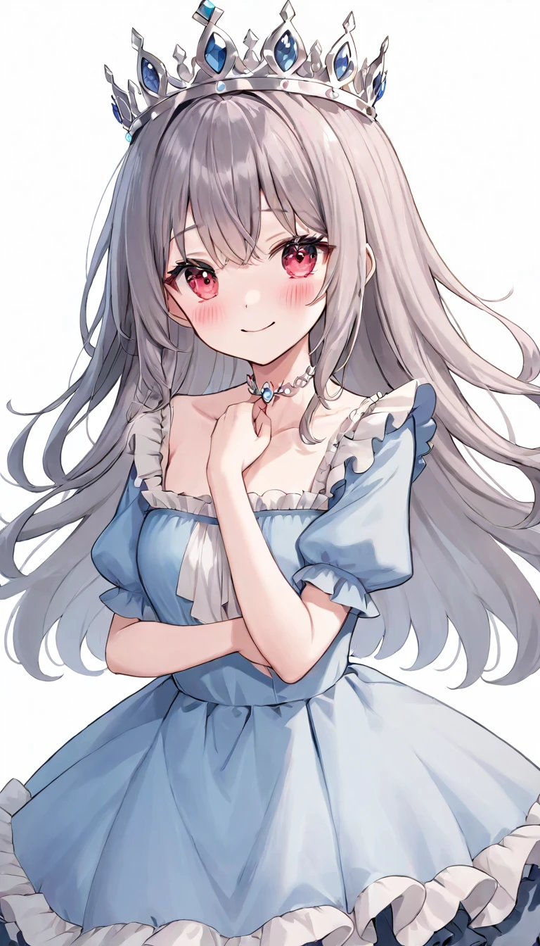 1girl, solo, long hair, looking at viewer, blush, smile, bangs, red eyes, dress, closed mouth, collarbone, short sleeves, grey hair, frills, y sleeves, pink eyes, puffort sleeves, blue dress, frilled dress, tiara, aged down, crown, , v arms