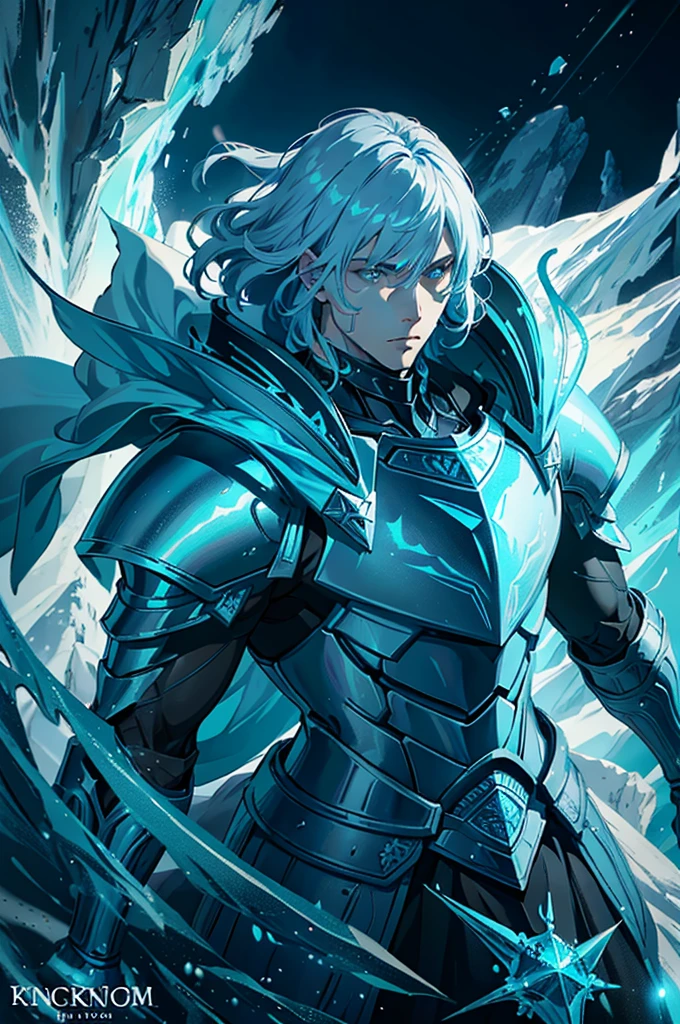 Ice knight, beautiful man with fine armor, intricate design, ocean blue details, silk, cinematic lighting, 4k, floating hair, sharp, prism, shining knight. Man with details armor.
