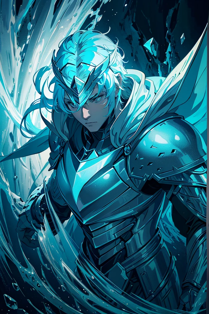 Ice knight, beautiful man with fine armor, intricate design, ocean blue details, silk, cinematic lighting, 4k, floating hair, sharp, prism, shining knight. Man with details armor.