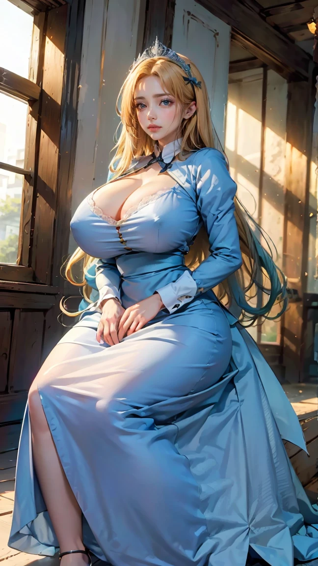 Best quality, masterpiece, ultra high res, raw photo, beautiful and aesthetic,deep shadow, dark theme,(ultra detailed:1.3),
1girl, sitting pose, Headdress, (beautiful face, detailed eye:1.2), embarrassed, (busty breasts, gigantic breasts:1.1), drill hair, long hair, blonde hair, gradient hair, yellow eyes, solo, big hair, blue hair, divine goddess, looking at viewer, indoors, royal palace, medieval bedroom, astraea, full body, victorian maid dress, (apron:1.2)