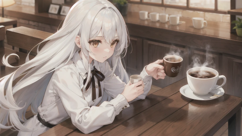 A girl with white hair down to her neck and brown eyes. Cozy coffee, table, up câmera, cup with coffee, eteral beauty, anime