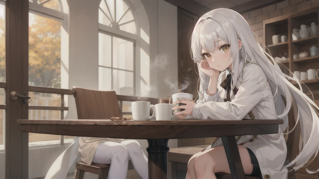 A girl with white hair down to her neck and brown eyes. Cozy coffee, table, up câmera, cup with coffee, eteral beauty, anime