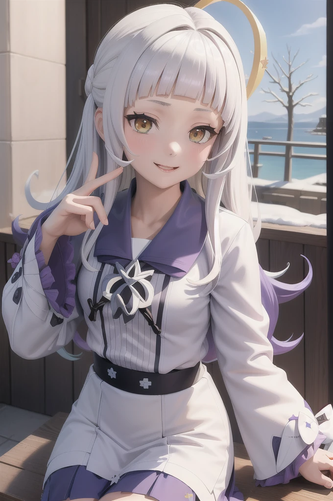 (masterpiece:1.3), (absurdres:1.3), (best quality:1.3), (ultra-detailed:1.3), snow, outdoors, upper body, smile, peace sign, 1girl, yukari-fi, halo, wide sleeves, white shirt, white serafuku, sailor collar, blue kimono, open kimono, blue skirt,