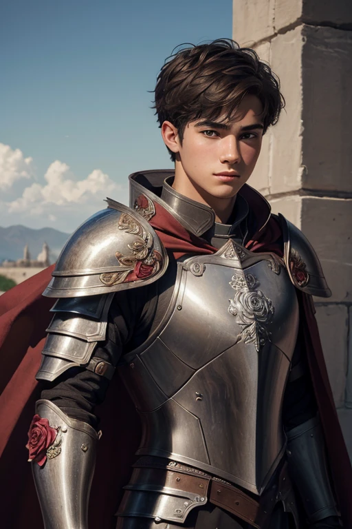 ((best quality)), ((masterpiece)), (detailed), Portrait of a 20-year-old man wearing full armor with a rose drawn on the cape, short brown hair, brown eyes, and an innocent face. Camera angle: Medium shot, capturing the contrast between his sturdy armor and his youthful, innocent expression.