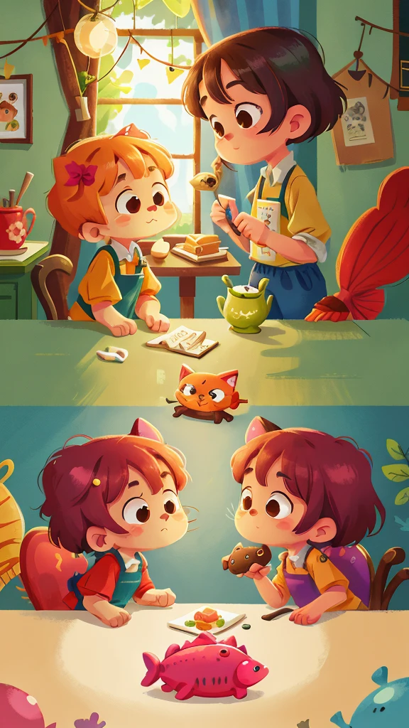 Two very cute cats，Looking at the delicious big fish at the table，This illustration is a 4K high-definition illustration，The facial features are rich in detail，Cartoon Style，Cartoon Animals 1.5，Cat in the kitchen