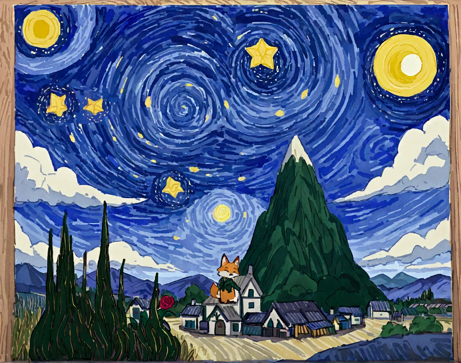 A human boy on his back in a green suit and a gold scarf sitting next to a cute orange fox looking at a mountain and the stars, from his small asteroid where he has a red rose,but these look super out of focus due to the contamination of the place where they are with colors that would not be seen