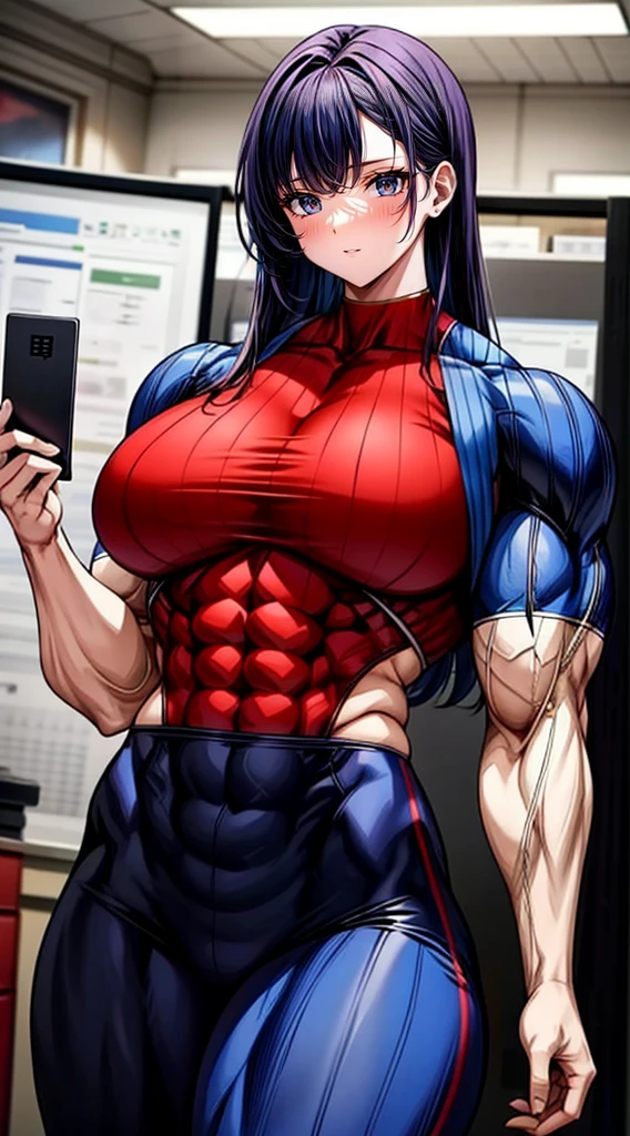 a muscular female bodybuilder in (( red bra inside (office suit) and her hair is (gradient of dark blue and red) from end to the right side of head)), detailed face, beautiful detailed eyes, beautiful detailed lips, ((extremely detailed face and muscles)), long eyelashes, strong muscles bulging through suit, dynamic pose, professional studio lighting, hyperrealistic, 8k, high quality, photorealistic, physically-based rendering, concept art, dramatic color palette,((abs)).