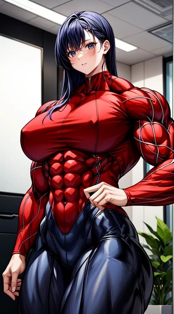 a muscular female bodybuilder in (( red bra inside (office suit) and her hair is (gradient of dark blue and red) from end to the right side of head)), detailed face, beautiful detailed eyes, beautiful detailed lips, ((extremely detailed face and muscles)), long eyelashes, strong muscles bulging through suit, dynamic pose, professional studio lighting, hyperrealistic, 8k, high quality, photorealistic, physically-based rendering, concept art, dramatic color palette,((abs)).