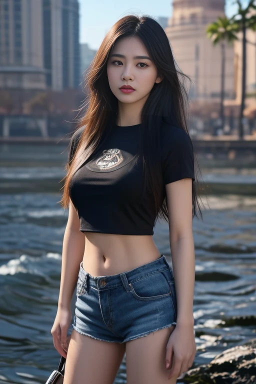 Close-up of a Southeast Asian woman with a round face., ,ผมหางม้าlong hair,float up, black eyes, staring at the viewer, abdominal muscles, shiny body, Large chest 38 inches, morning sun, ((face details)), Double eyelids, realistic, Masterpiece, Highest quality, lens flare, shade, [[Chromatic aberration, digital painting, 8K, 45,000,000,000 pixels,, t-shirt, long hair,black eyes,abdominal muscles, The body is beautiful and strong., rounded chest, (digital painting, HDR, high contrast