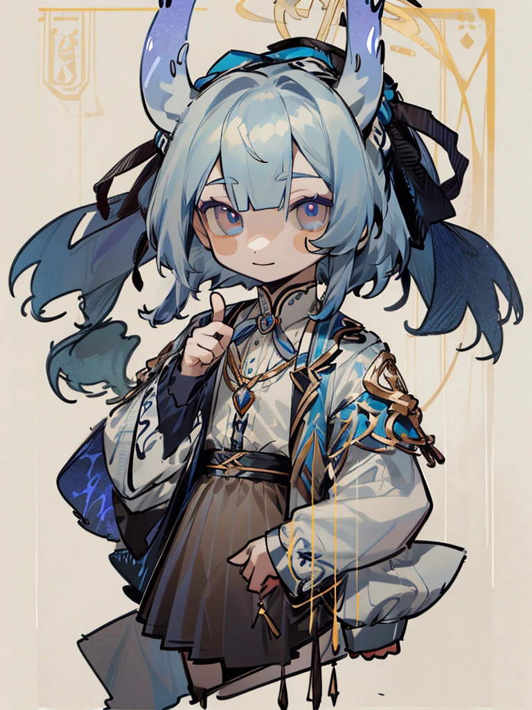 tarot, BORDER, celestial, chibi, masterpiece, best quality, extremely detailed, detailed background, detailed face, 1boy, full-body, solo, pale skin, dark blue hair, deer ears, deer horns, happy expression, white jacket, blue flower, good finger, perfect face, intricate details, mystical forest theme