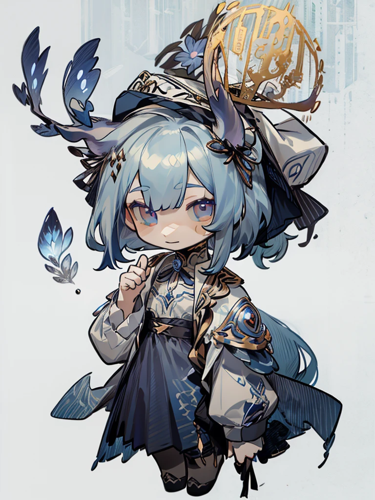 tarot, BORDER, celestial, chibi, masterpiece, best quality, extremely detailed, detailed background, detailed face, 1boy, full-body, solo, pale skin, dark blue hair, deer ears, deer horns, happy expression, white jacket, blue flower, good finger, perfect face, intricate details, mystical forest theme