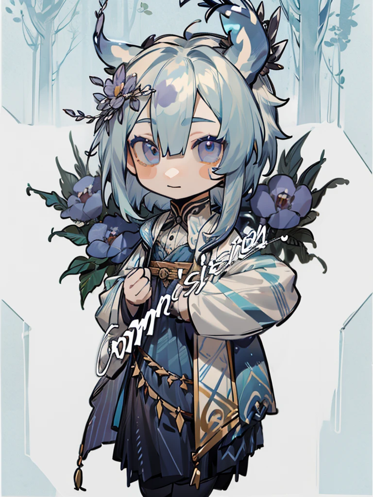 tarot, BORDER, celestial, chibi, masterpiece, best quality, extremely detailed, detailed background, detailed face, 1boy, full-body, solo, pale skin, dark blue hair, deer ears, deer horns, happy expression, white jacket, blue flower, good finger, perfect face, intricate details, mystical forest theme