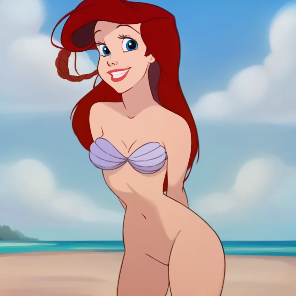 ar_el, 1girl, fair skin, red lips, red hair, large aqua-blue eyes, (rating nsfw), 1girl solo, outdoors, beachfront, looking at viewer, front view, bottomless, standing, full view, legs, purple seashell bra, hula dance, thicc, beach,