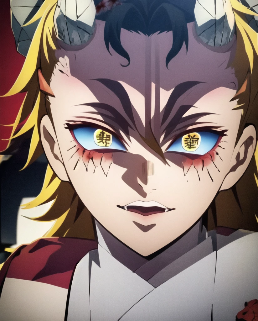 vox, moon_demon, 1boy, blond hair, blue intenseeyes, mismatched pupils, demon horns, glowing, glowing eyes, japanese_clothes, blood power, katana, blood breathing 