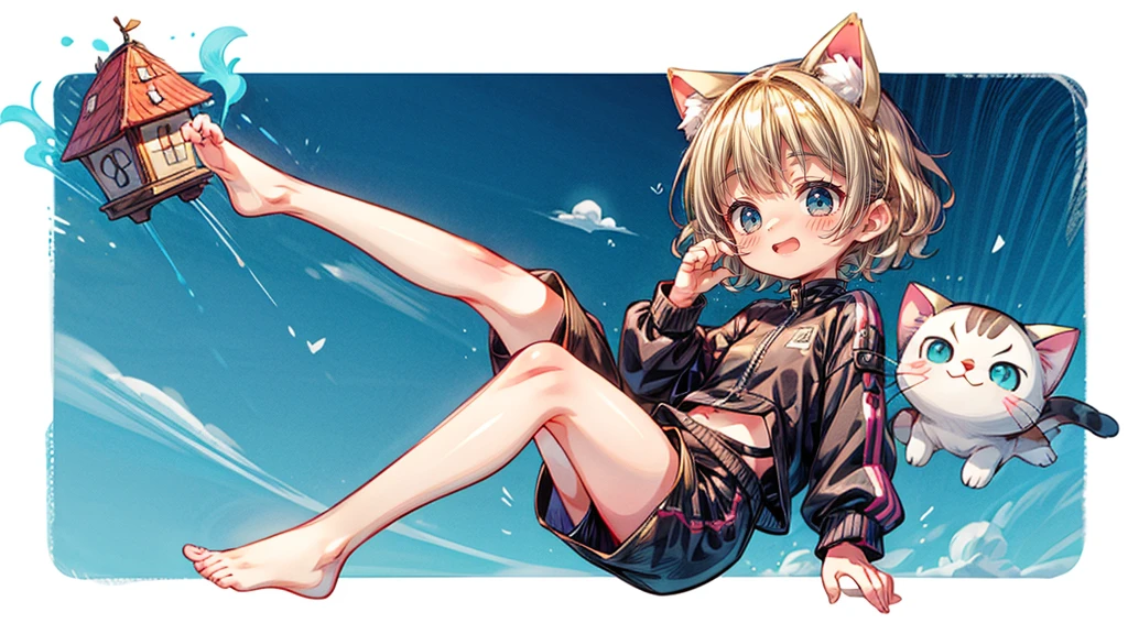 short hair、Cat ear、Flying Castle, Full of air,One girl、Big smile、Blonde Hair、short hair、Side hair is curled inward、Curly hair along the jawline、紺色のTracksuits_White line from shoulder to wrist、Black shorts、barefoot、Tracksuits、Turquoise Eyes