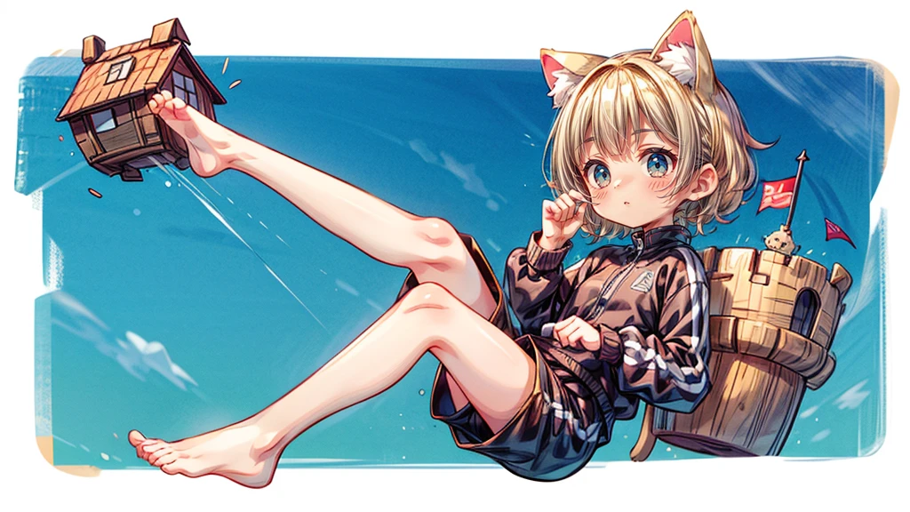 short hair、Cat ear、Flying Castle, Full of air,One girl、Big smile、Blonde Hair、short hair、Side hair is curled inward、Curly hair along the jawline、紺色のTracksuits_White line from shoulder to wrist、Black shorts、barefoot、Tracksuits、Turquoise Eyes