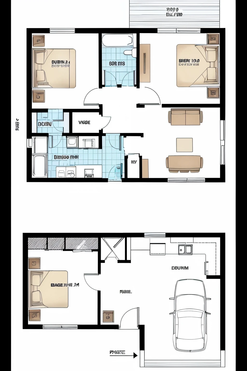 A floor plan of a 2-story house, the garage measuring 4m by 5m, the kitchen measuring 6m by 4m, service area 4m by 4m, a room where the entrance door and stairs to the 2nd floor will be located, measuring 12m by 7m 