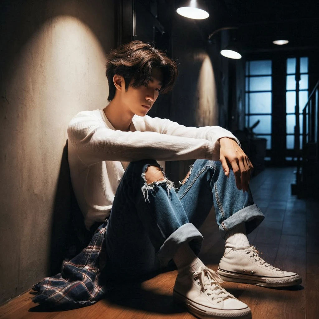 long shoot portrait, a 27-year-old Korean short mullet-haired man, wearing white shirts with flannel shirts torn blue jeans, ideal body, ideal height, sitting crouching on the floor leaning against a wall in a dark hallway with one light light, dim light, face down, realistic photo, ultra realistic, ultra-resolution, ultra-quality, ultra-resolution, ultra-resolution, very detail, 16k