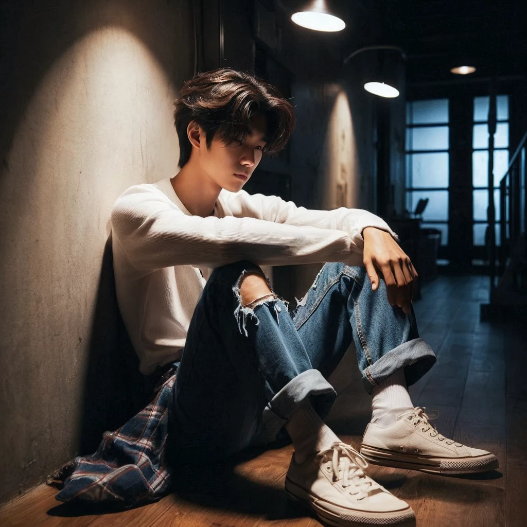 long shoot portrait, a 27-year-old Korean short mullet-haired man, wearing white shirts with flannel shirts torn blue jeans, ideal body, ideal height, sitting crouching on the floor leaning against a wall in a dark hallway with one light light, dim light, face down, realistic photo, ultra realistic, ultra-resolution, ultra-quality, ultra-resolution, ultra-resolution, very detail, 16k