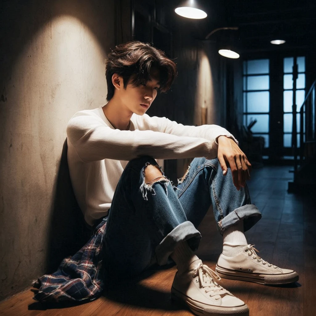 long shoot portrait, a 27-year-old Korean short mullet-haired man, wearing white shirts with flannel shirts torn blue jeans, ideal body, ideal height, sitting crouching on the floor leaning against a wall in a dark hallway with one light light, dim light, face down, realistic photo, ultra realistic, ultra-resolution, ultra-quality, ultra-resolution, ultra-resolution, very detail, 16k