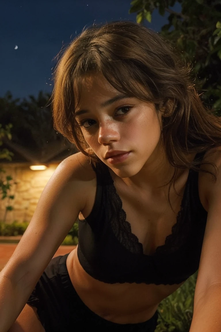 (realistic, award winning color photograph), front view, looking at the camera, night lighting, jenna ortega, sexy pose