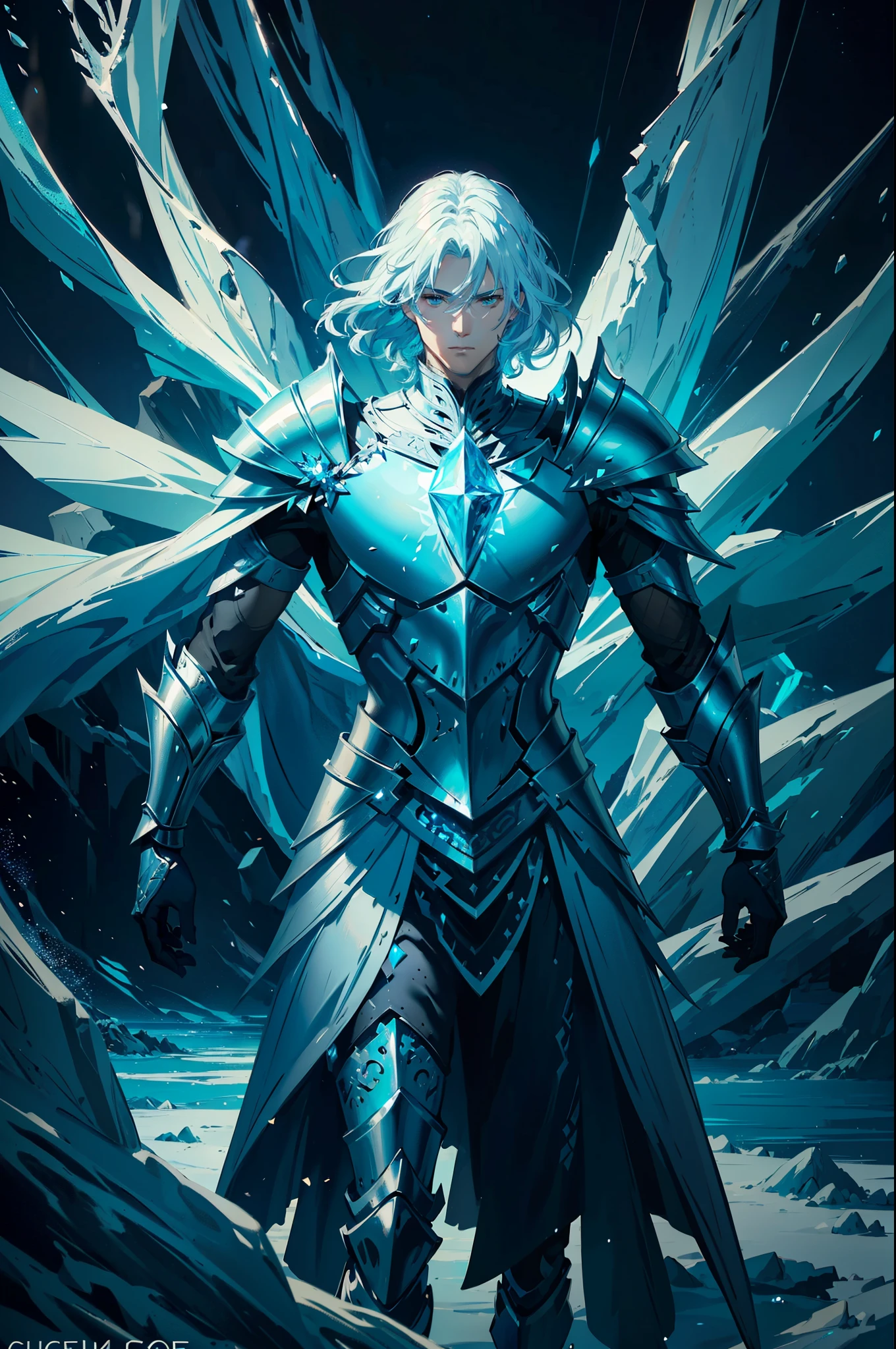 Ice knight, beautiful man with fine armor, intricate design, ocean blue details, silk, cinematic lighting, 4k, floating hair, sharp, prism, shining knight. Man with details armor. 