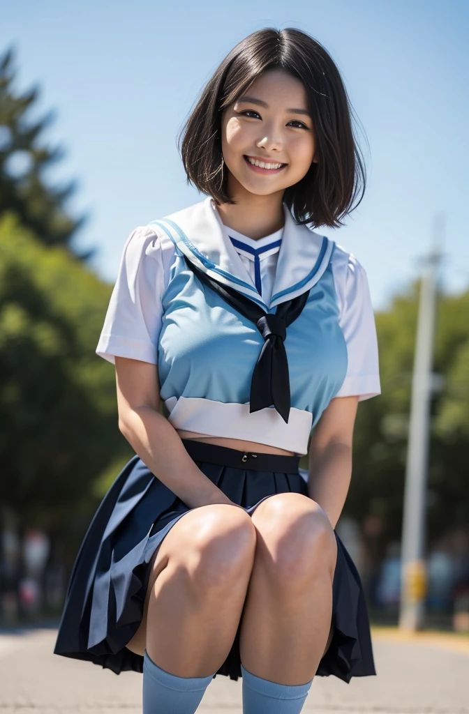 (8K、Raw photography、Highest quality、masterpiece:1.2),(Black-haired、Very short hair:1.8),(:1.3)、View your audience,Front view,White skin,(high school girl、Light blue uniform:1.6)、(Tight waist:1.6)、(Clothes that accentuate the shape of the breasts:1.0)、(Big Breasts :1.3)、Slim figure、Ultra-high resolution,beautiful,beautiful fece,(One person、No background:1.9),whole bodyボディー,Japanese women,(reality的:1.37)、Photon Mapping,reality、(Baby-faced and cute: 1.4)、(Cute Smile: 1.8)、(Round face: 1.8)、Radio City、Physically Based Rendering、Depth of field rally background、photograph, (I can see your knees、Thigh close-up:1.8),(Checked skirt:1.6),whole body、Great quality
